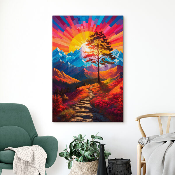 Painting of a mountain landscape with a tree and a colorful sunset