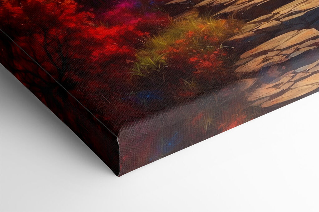 Painting of a mountain landscape with a tree and a colorful sunset