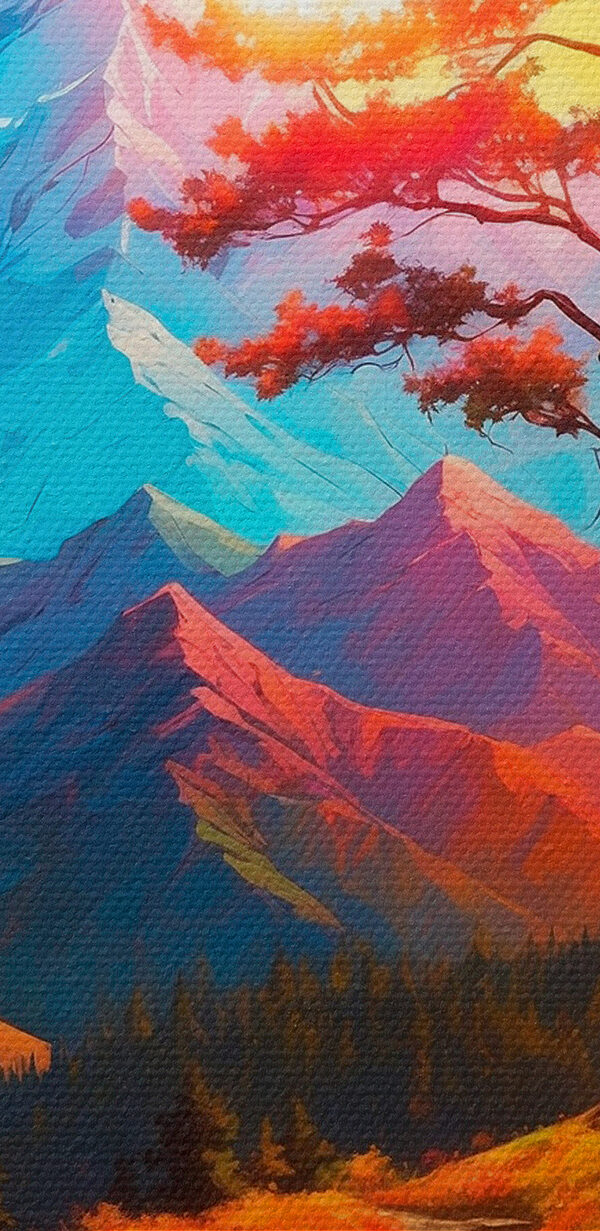 Painting of a mountain landscape with a tree and a colorful sunset