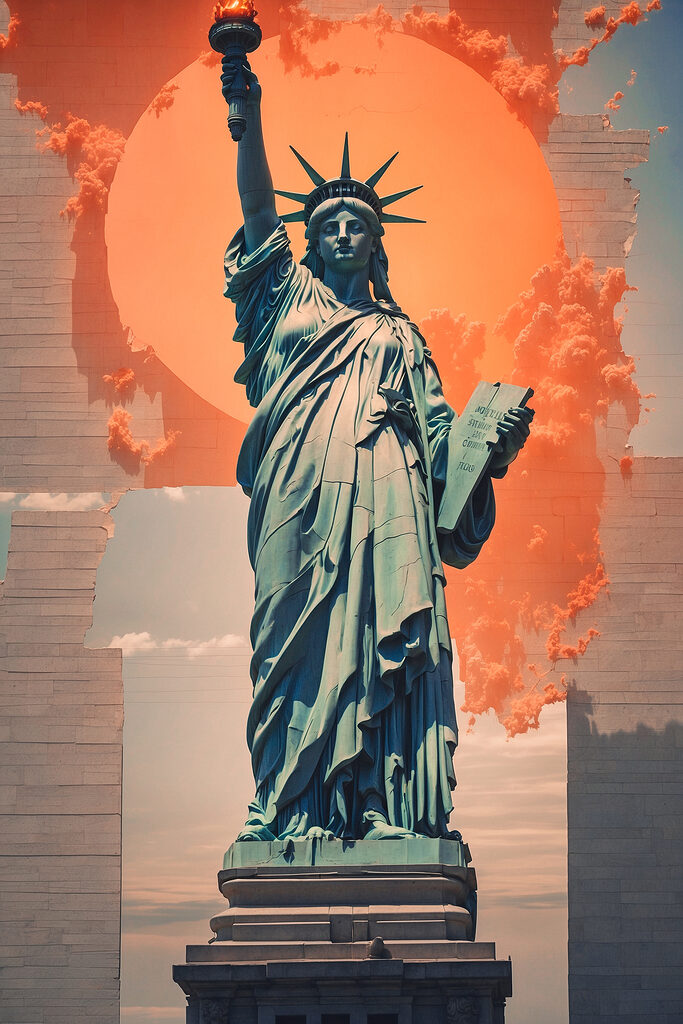 Statue of liberty with a sun behind it with Statue of Liberty in the background