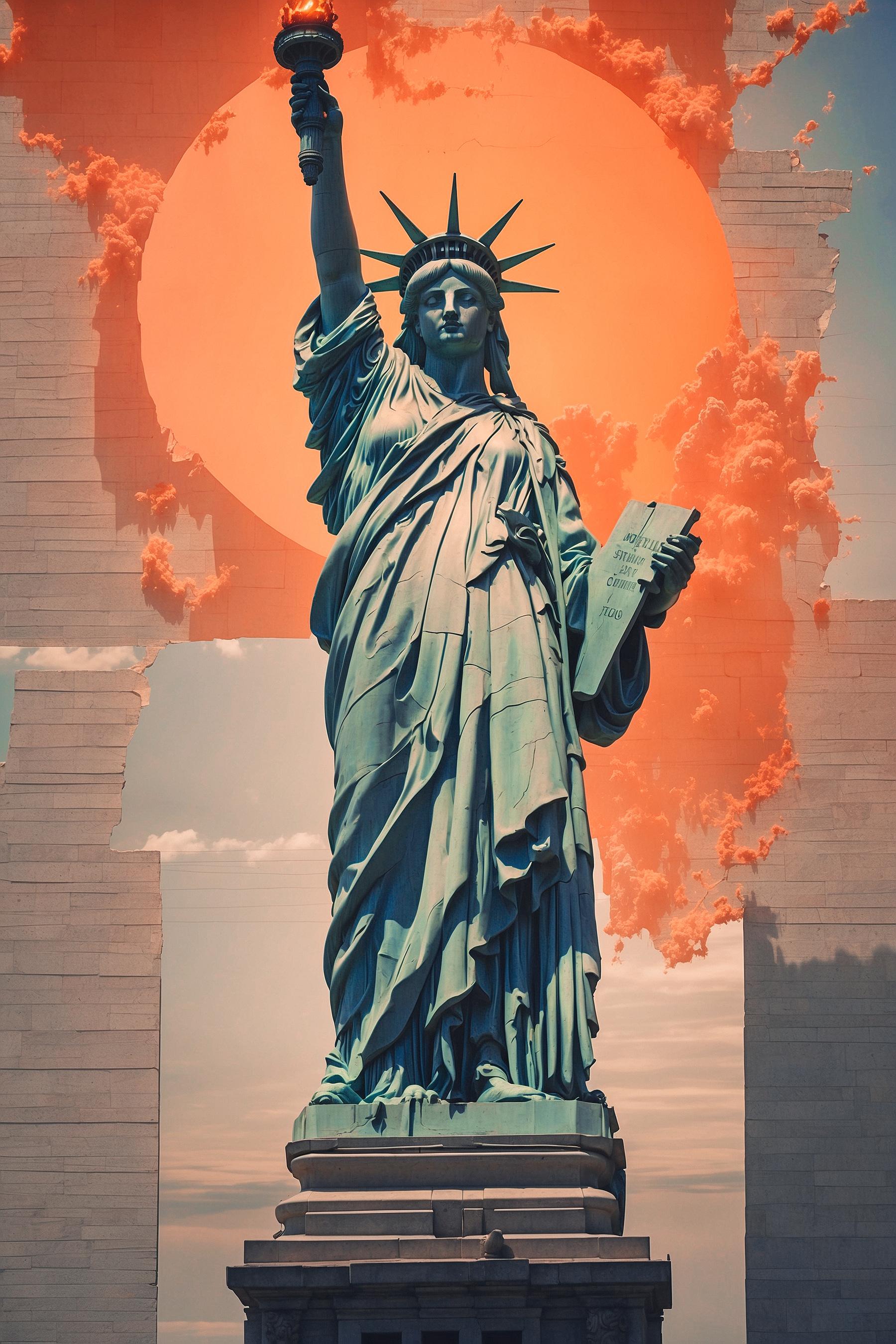 Statue of liberty with a sun behind it with Statue of Liberty in the background