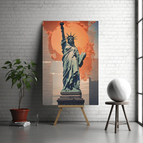 Statue of liberty with a sun behind it with Statue of Liberty in the background