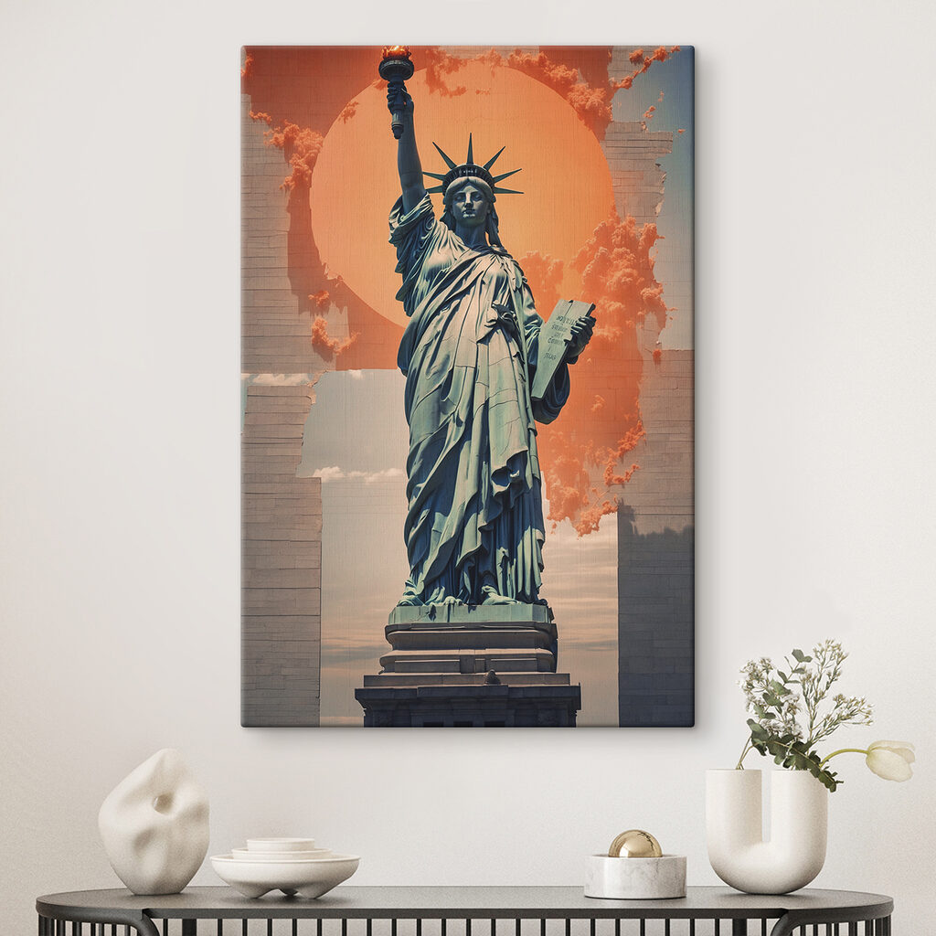 Statue of liberty with a sun behind it with Statue of Liberty in the background