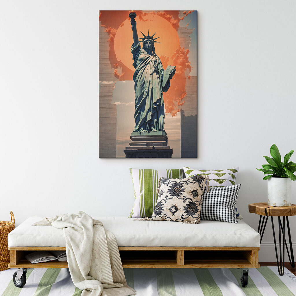 Statue of liberty with a sun behind it with Statue of Liberty in the background