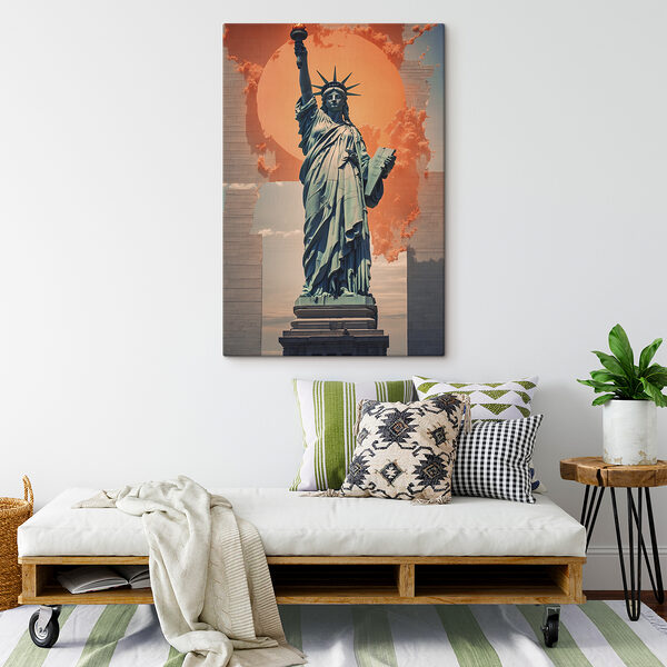 Statue of liberty with a sun behind it with Statue of Liberty in the background