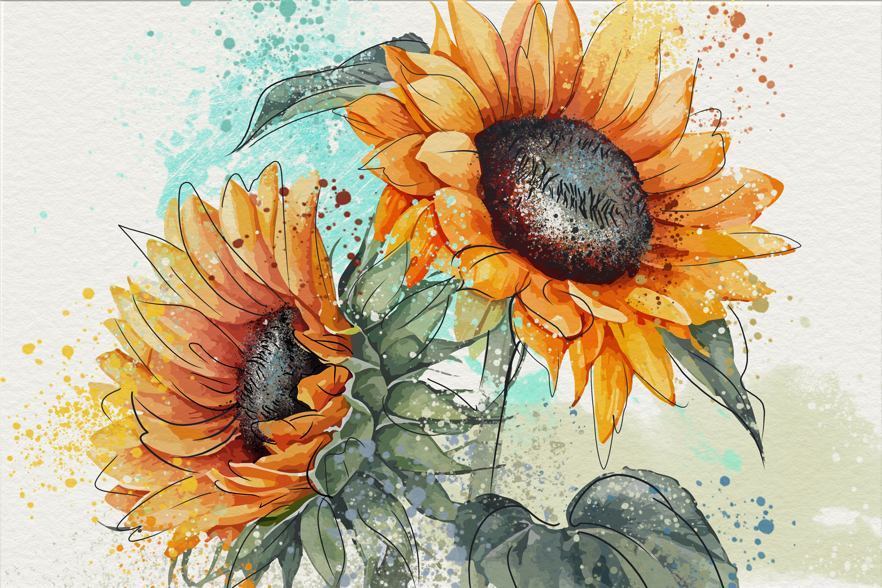 Painting of sunflowers on a white background