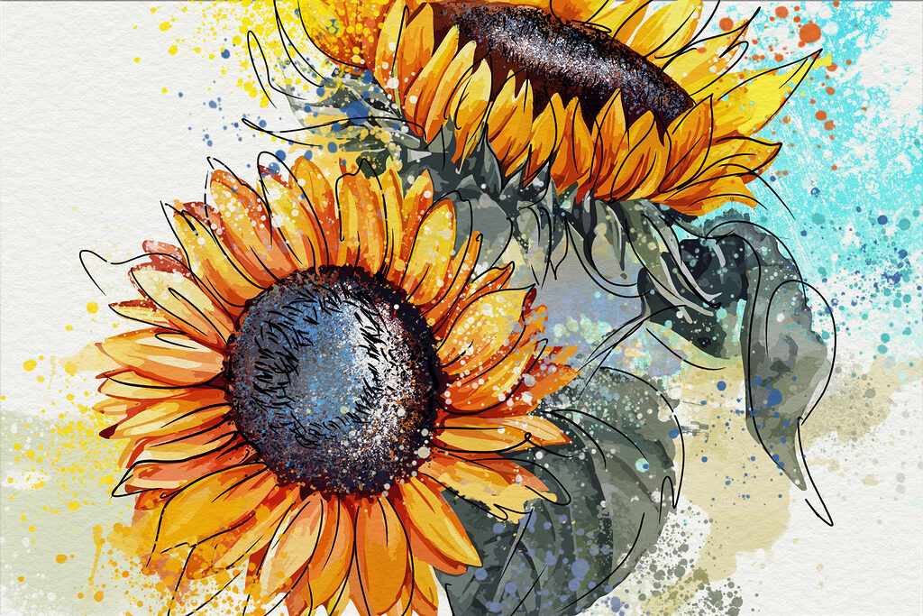 Painting of sunflowers with paint splatters