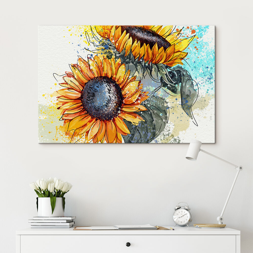 Painting of sunflowers with paint splatters