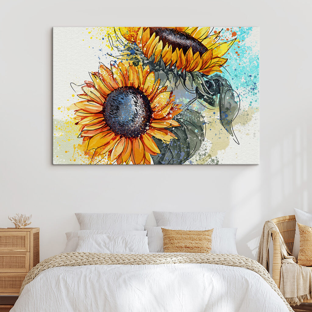Painting of sunflowers with paint splatters