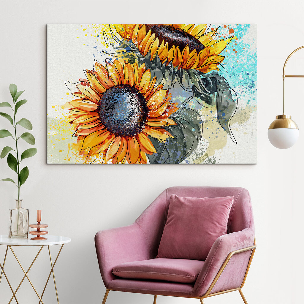 Painting of sunflowers with paint splatters