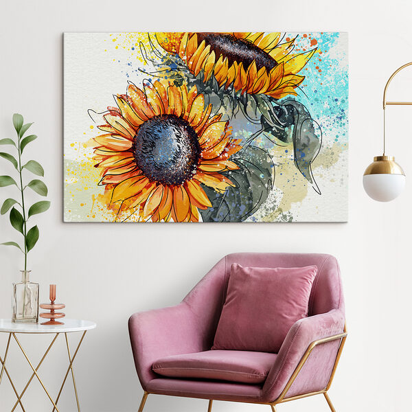 Painting of sunflowers with paint splatters