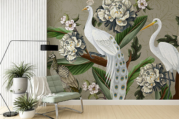 Papel pintado con pájaros y flores Papel pintado con pájaros y flores
