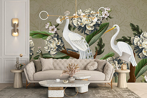 Papel pintado con pájaros y flores Papel pintado con pájaros y flores