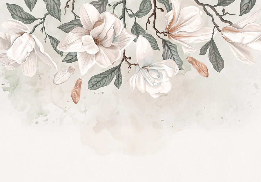Flores y hojas blancas sobre fondo blanco