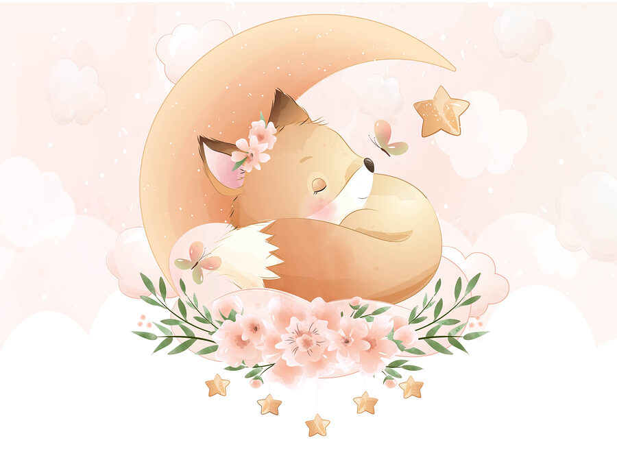 Dibujo animado de un zorro durmiendo en la luna