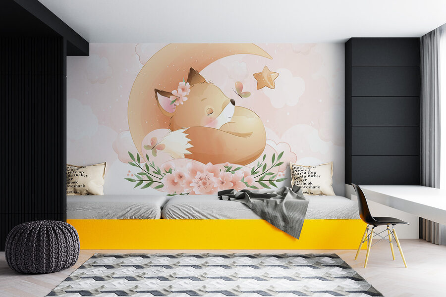 Dibujo animado de un zorro durmiendo en la luna