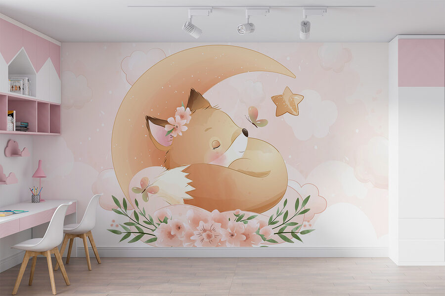 Dibujo animado de un zorro durmiendo en la luna