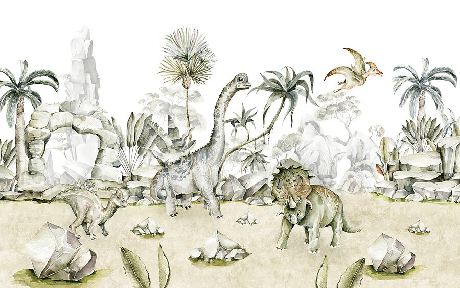 Acuarela de dinosaurios y plantas