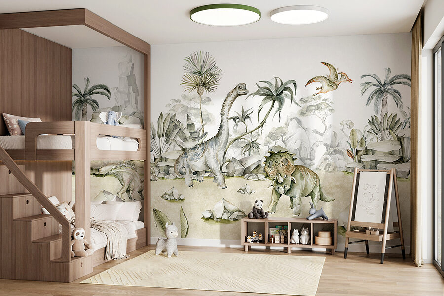 Acuarela de dinosaurios y plantas