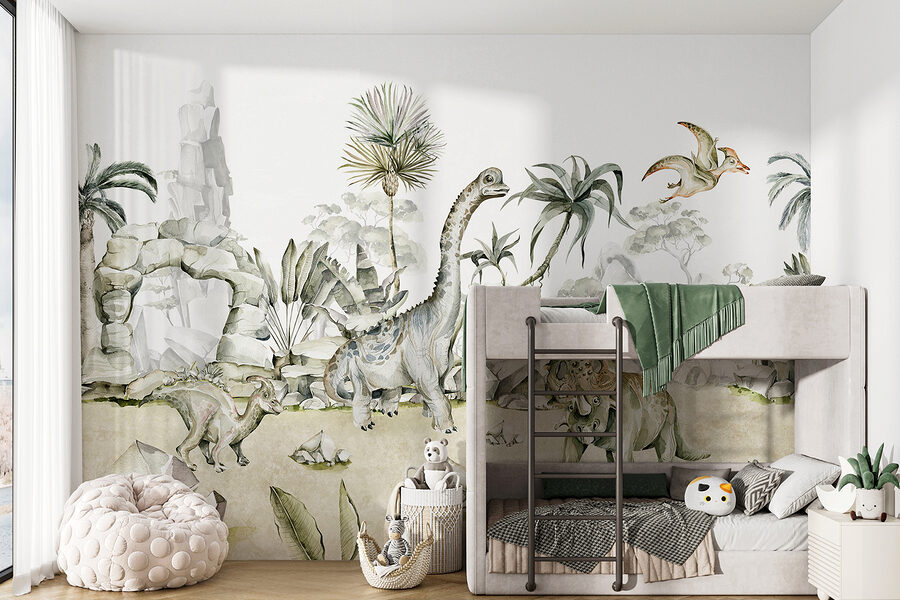 Acuarela de dinosaurios y plantas
