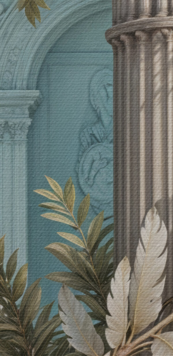 White pillar with leaves and a blue building White pillar with leaves and a blue building