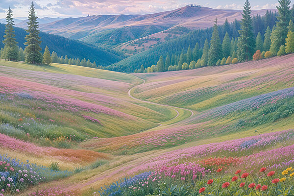 Landscape with hills and flowers