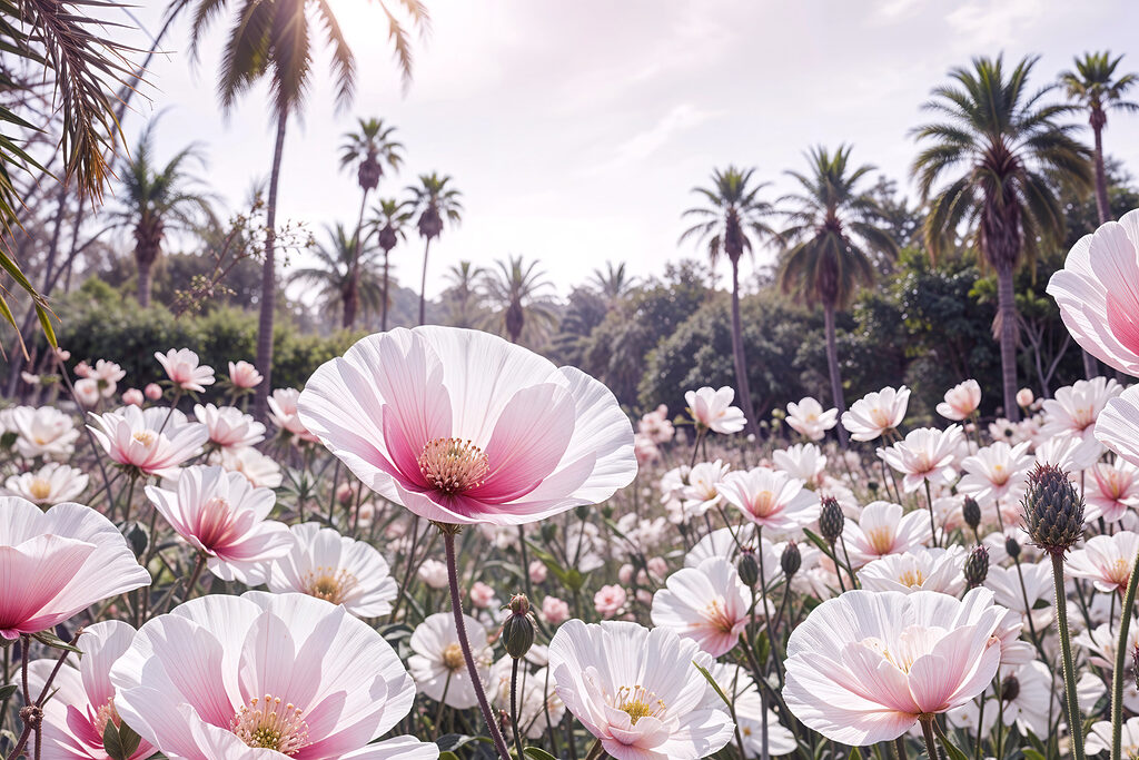 Field of white flowers with palm trees in the background Field of white flowers with palm trees in the background