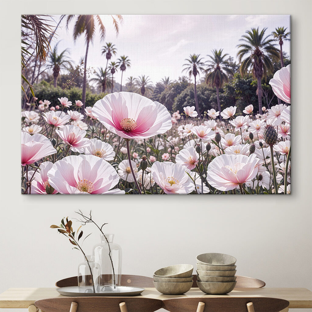 Field of white flowers with palm trees in the background Field of white flowers with palm trees in the background