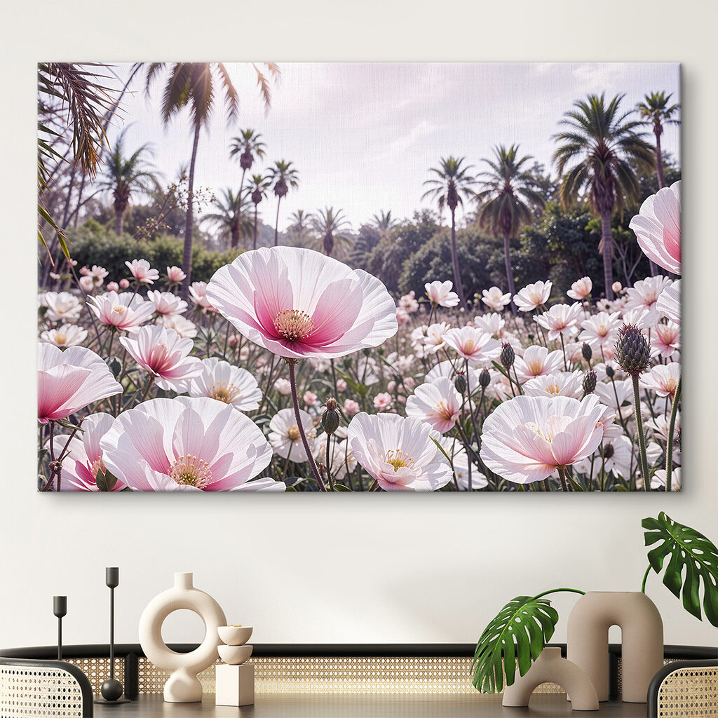 Field of white flowers with palm trees in the background Field of white flowers with palm trees in the background