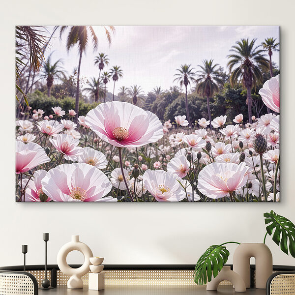Field of white flowers with palm trees in the background Field of white flowers with palm trees in the background