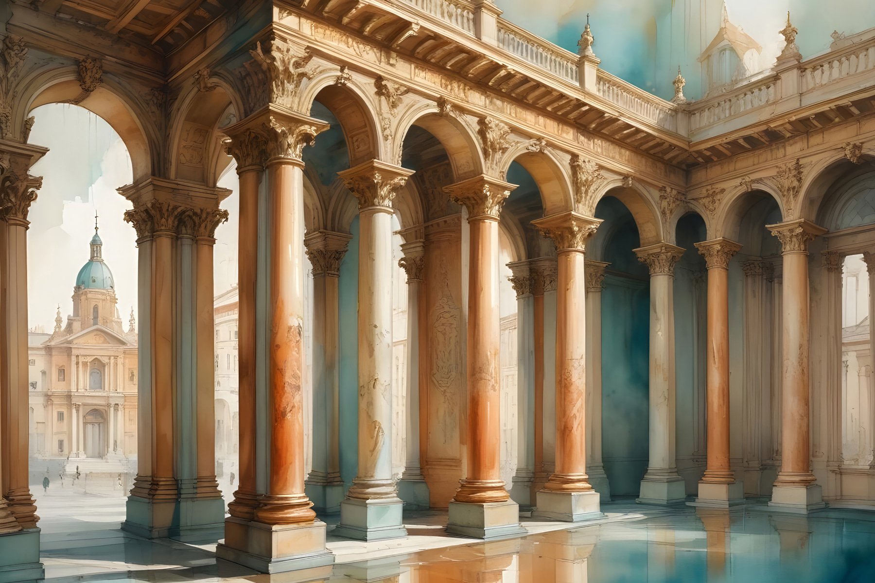 Building with columns and a pool of water Building with columns and a pool of water