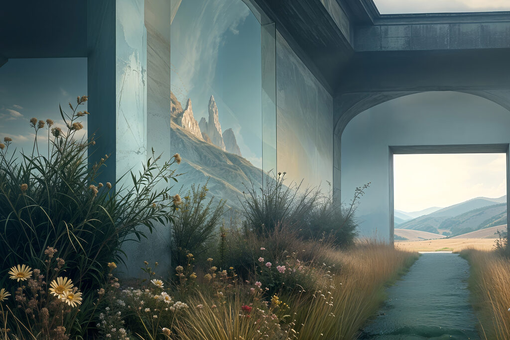 Building with a view of mountains and grass Building with a view of mountains and grass