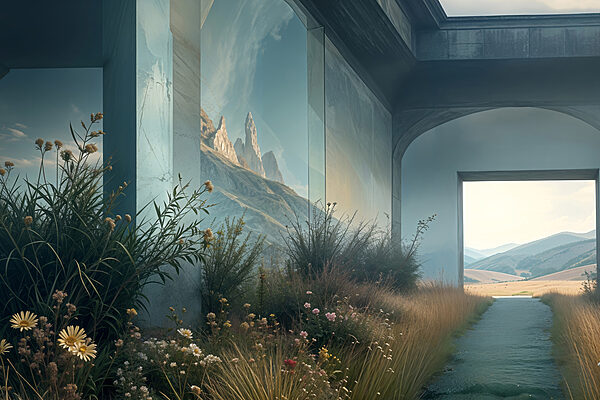 Building with a view of mountains and grass Building with a view of mountains and grass