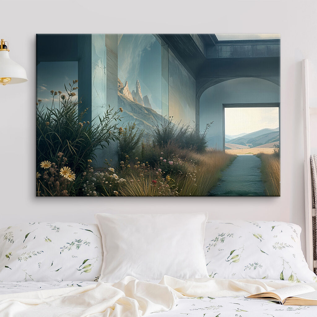 Building with a view of mountains and grass Building with a view of mountains and grass