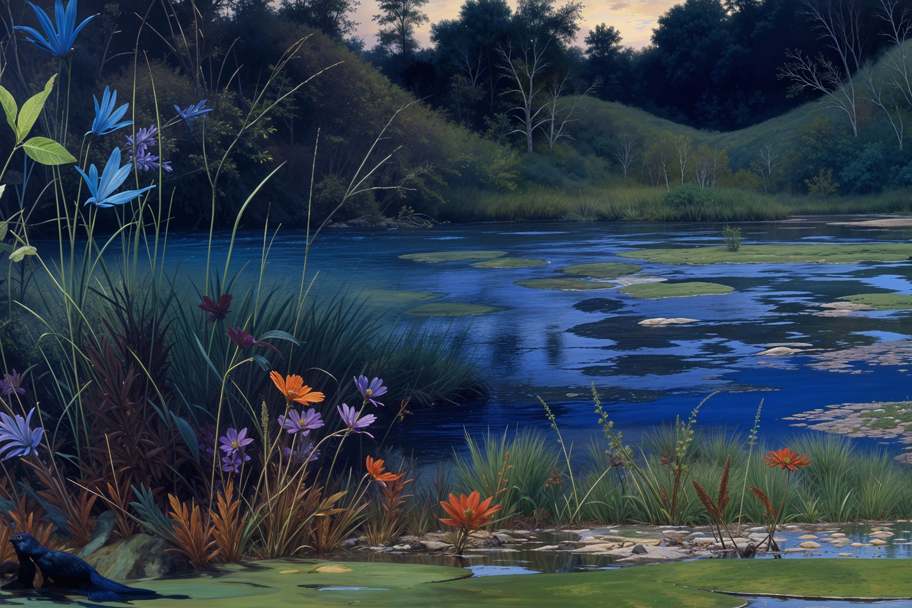 Pond with flowers and grass Pond with flowers and grass