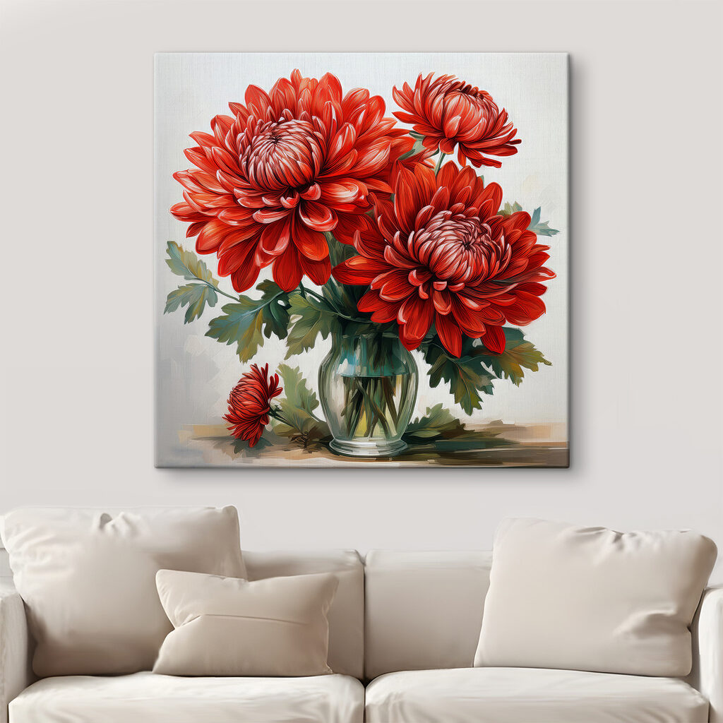 Painting of red flowers in a vase