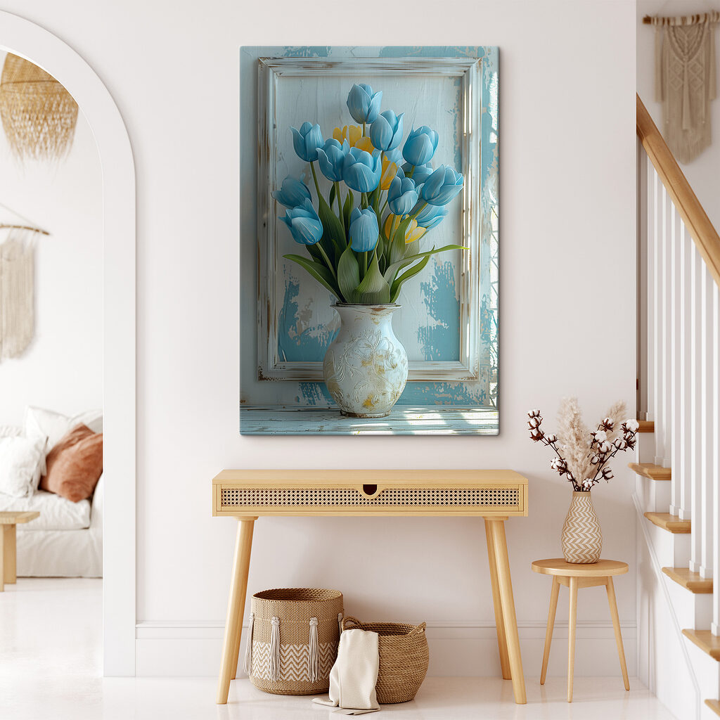 Vase of blue and yellow tulips Vase of blue and yellow tulips