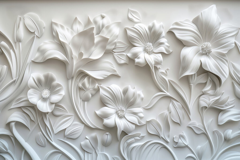 White wall with flowers and leaves