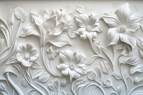 White wall with flowers and leaves
