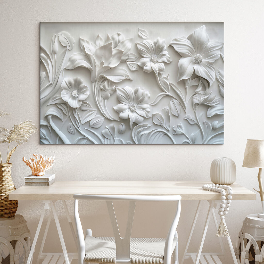 White wall with flowers and leaves