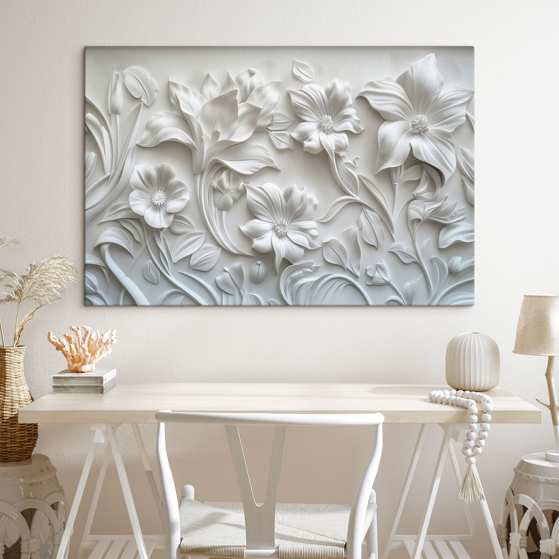White wall with flowers and leaves