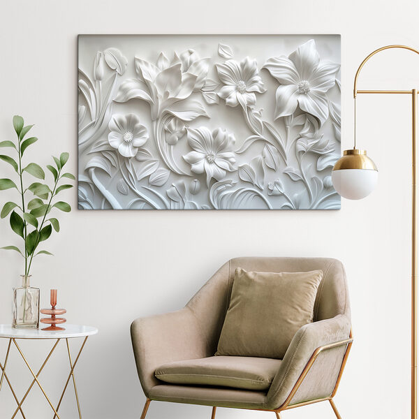 White wall with flowers and leaves