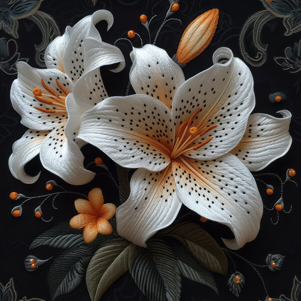 White and orange flowers on a black background