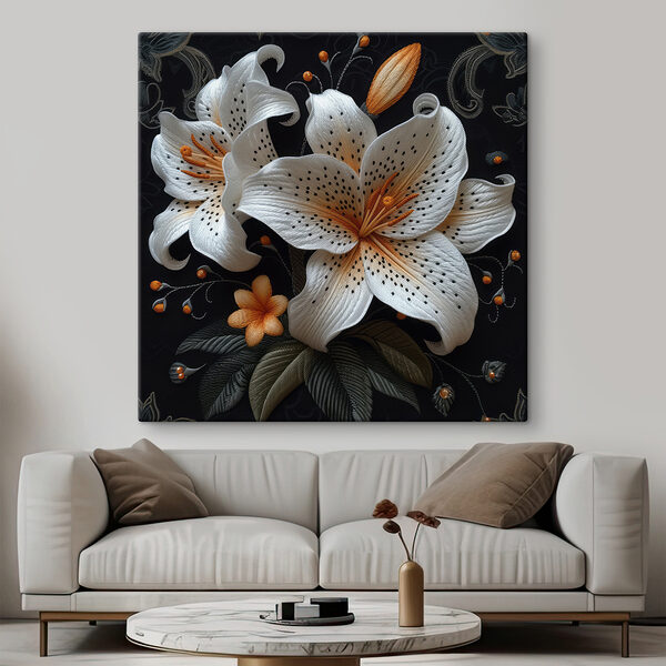 White and orange flowers on a black background