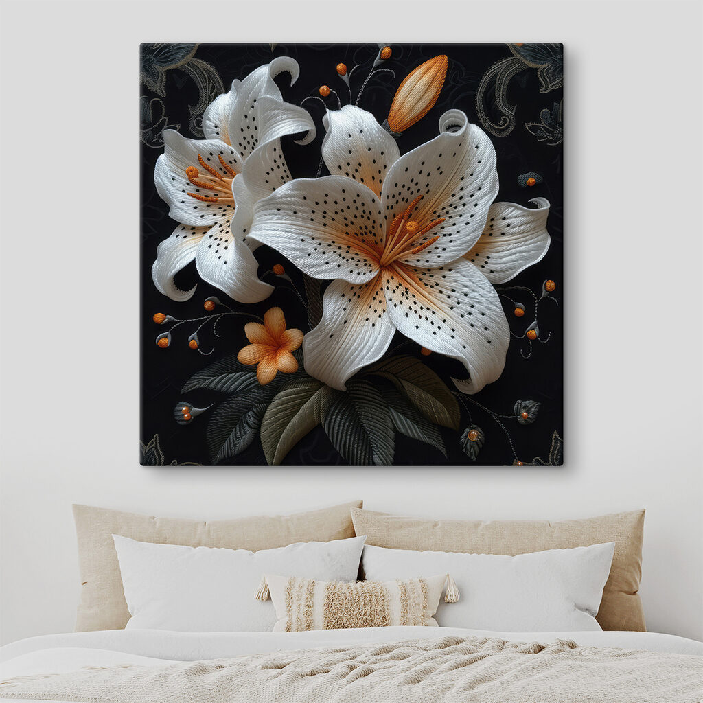 White and orange flowers on a black background