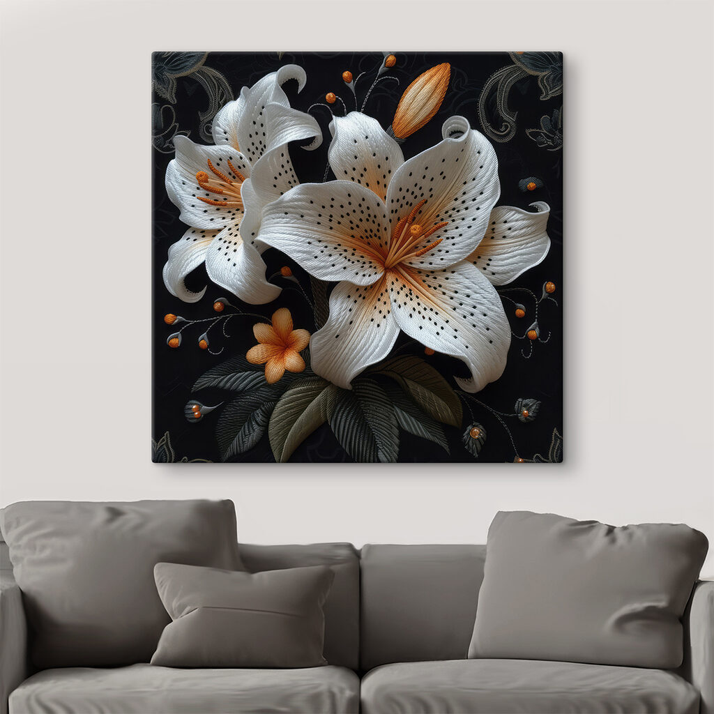 White and orange flowers on a black background