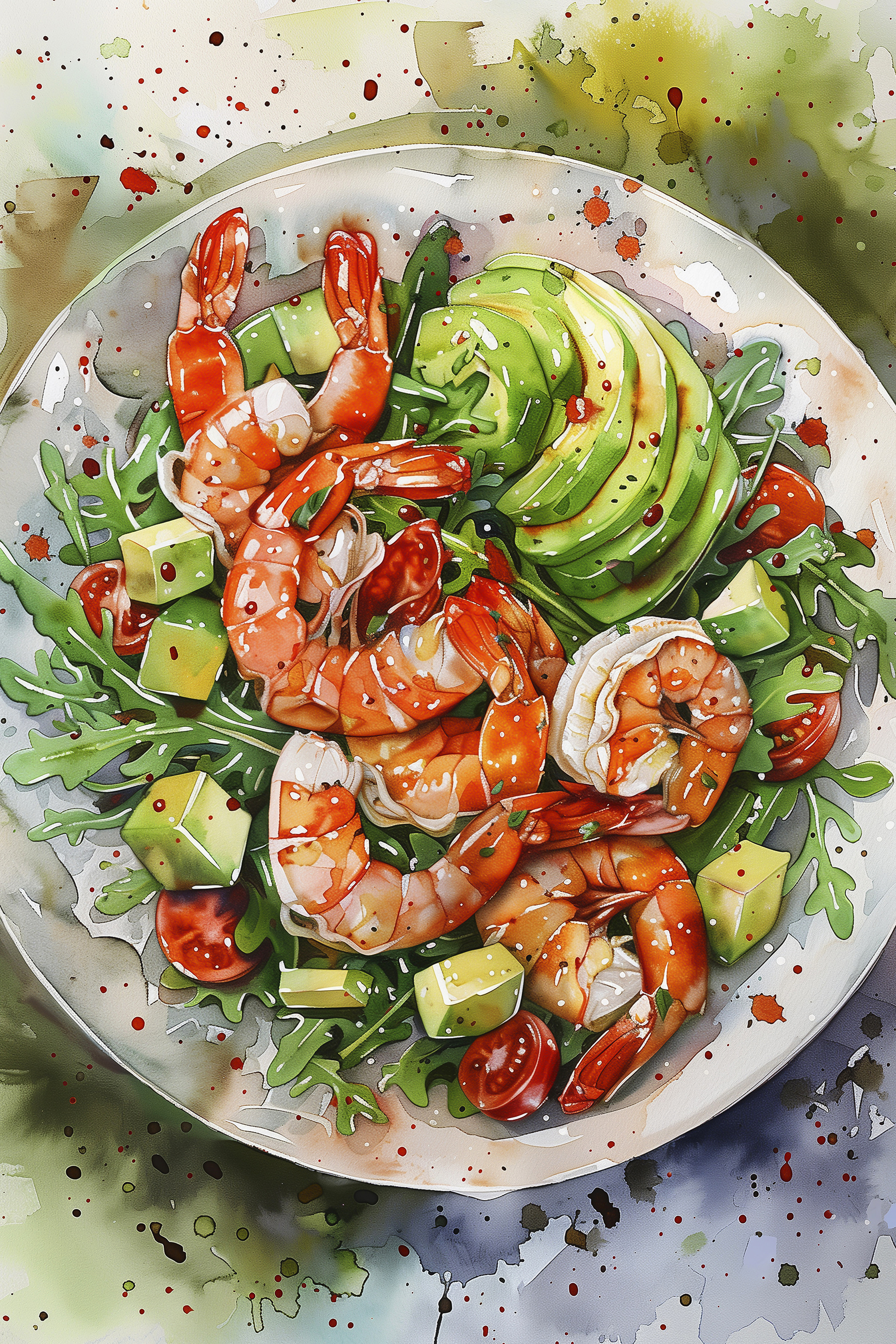 Watercolor painting of a plate of shrimp and avocado