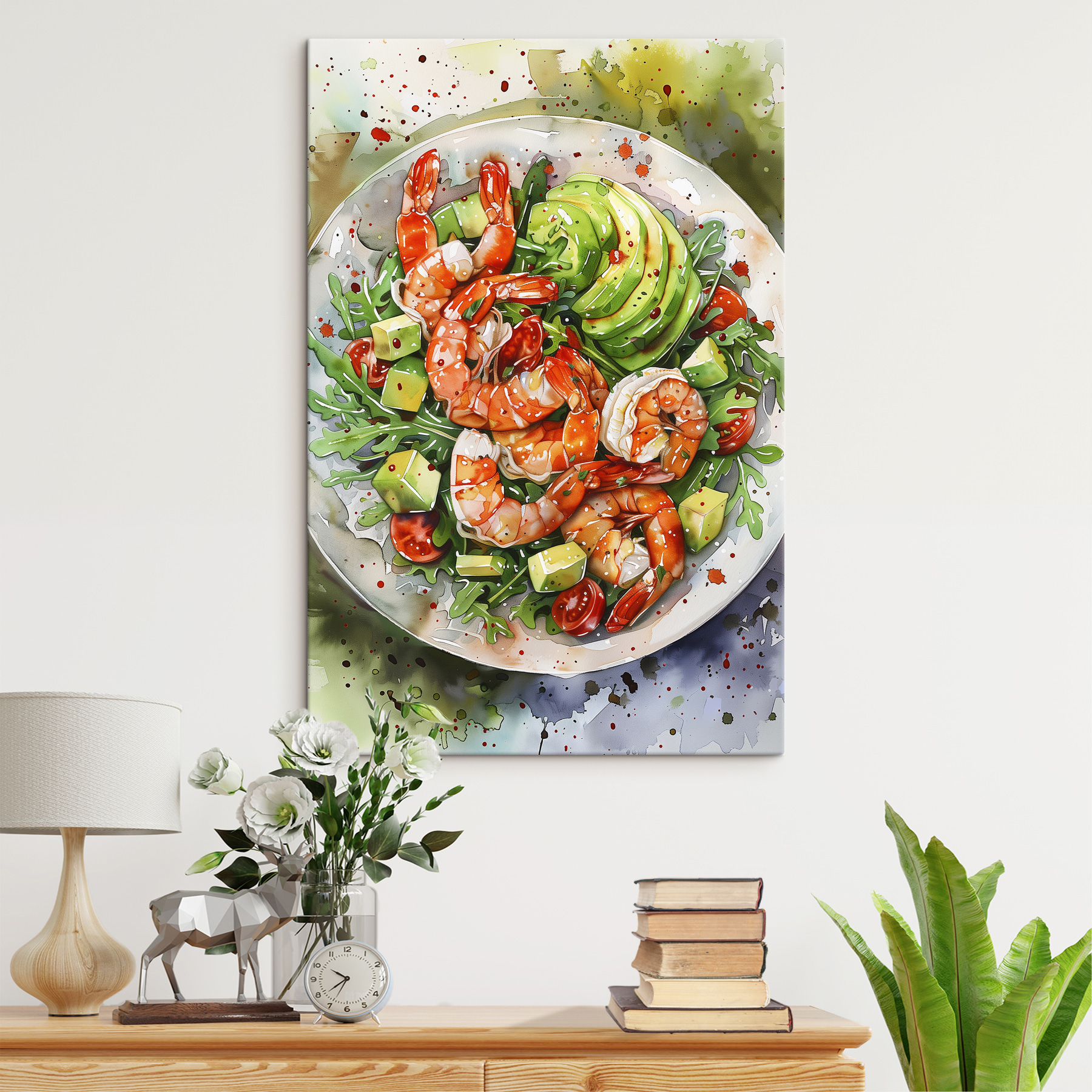 Watercolor painting of a plate of shrimp and avocado