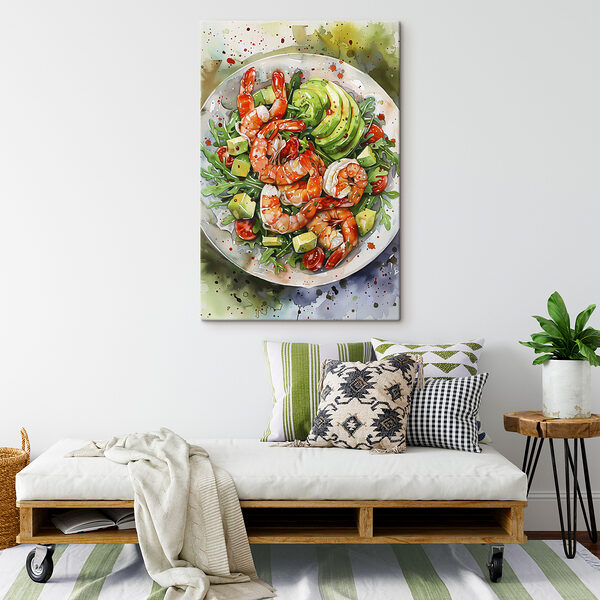 Watercolor painting of a plate of shrimp and avocado