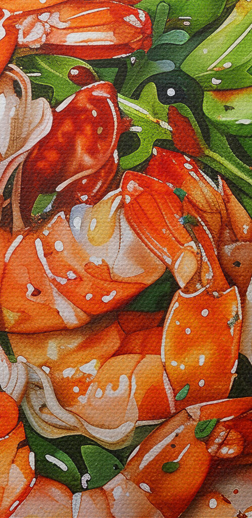 Watercolor painting of a plate of shrimp and avocado